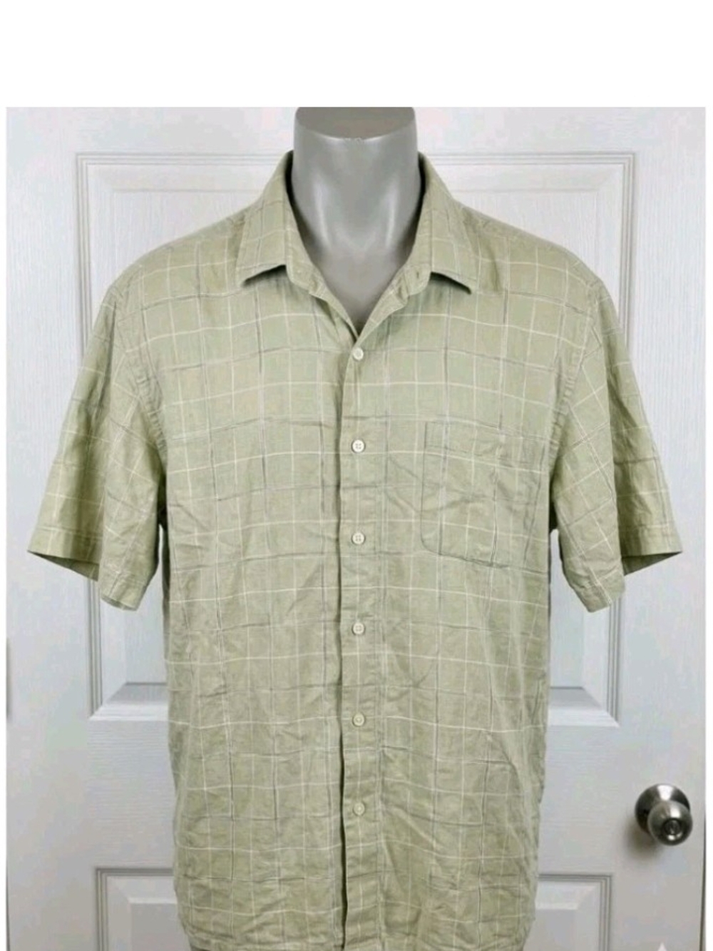 Van Heusen Sage Green Windowpane Short Sleeve Button-Down Shirt